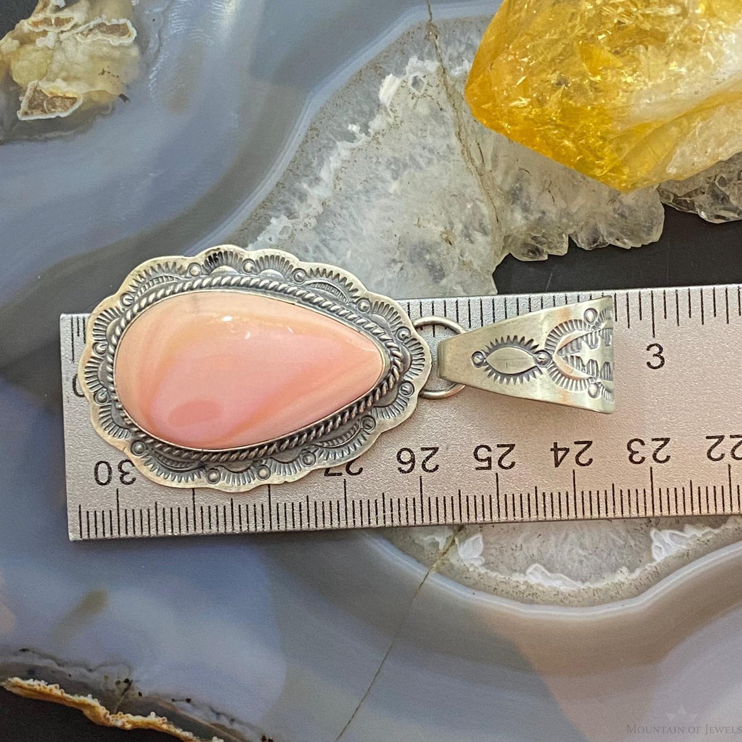 J. Nelson Native American Sterling Silver Large Teardrop Pink Conch Shell Decorated Pendant For Women