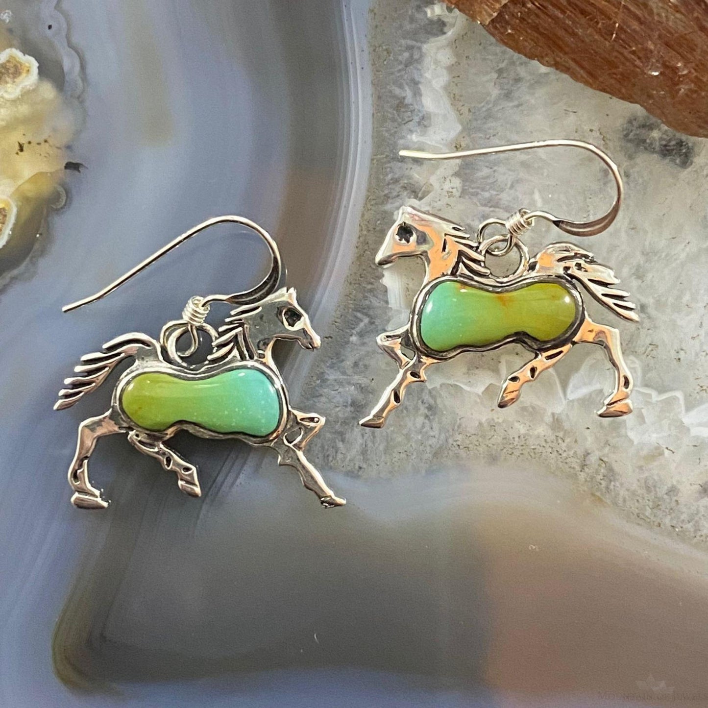 Native American Sterling Silver Turquoise Horse Dangle Earrings For Women
