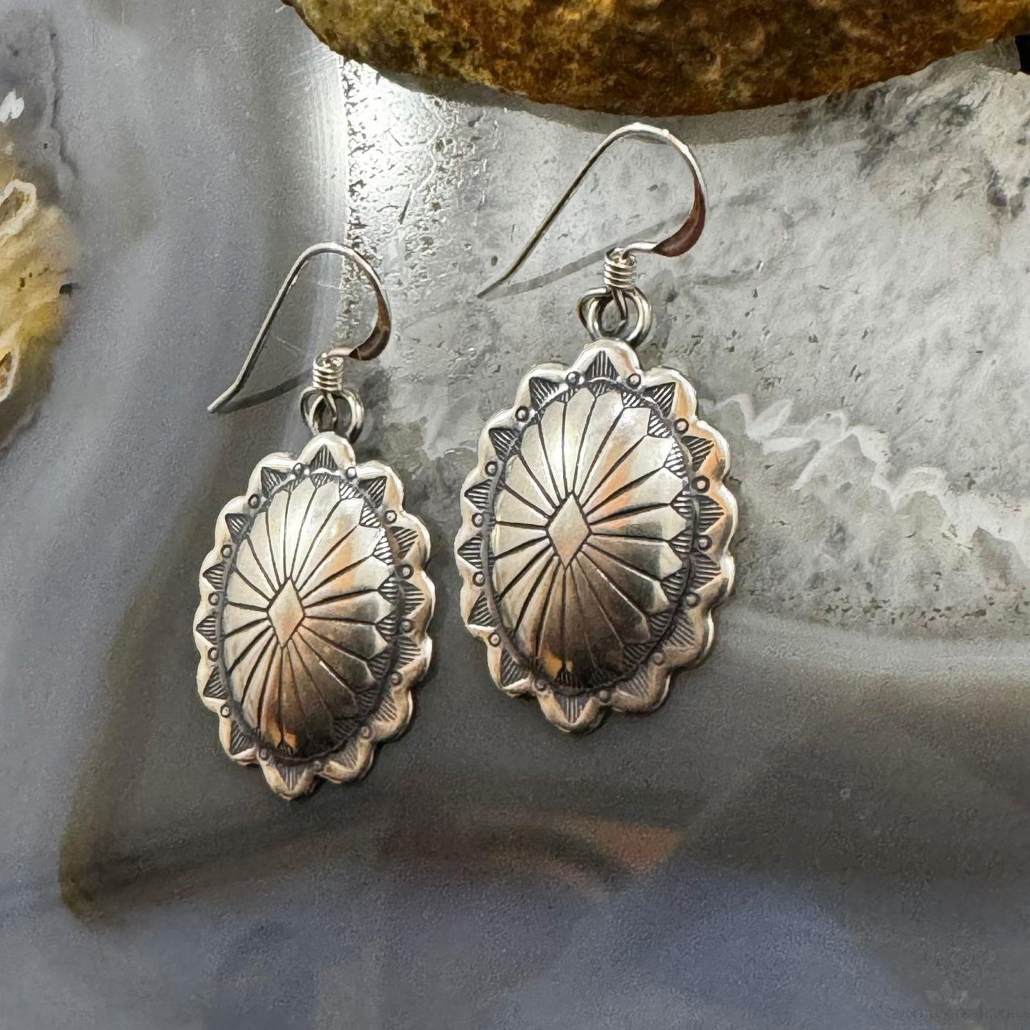 Native American Sterling Silver Oval Stamped Concho Dangle Earrings For Women