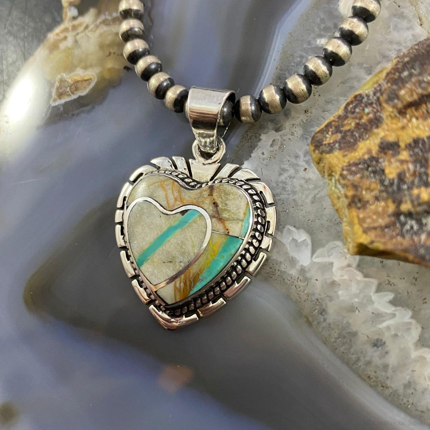 Native American Sterling Silver Boulder Ribbon Turquoise Double Heart Pendant For Women