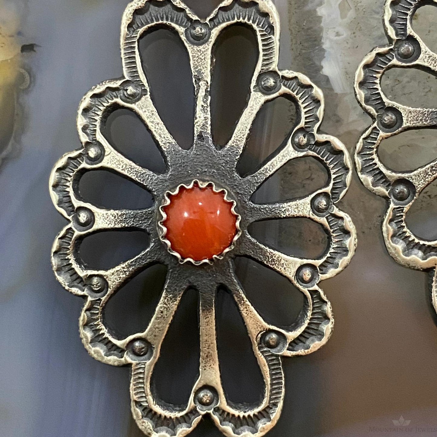 Kevin Billah Native American Sterling Coral Flower Decorated Dangle Earrings For Women #1