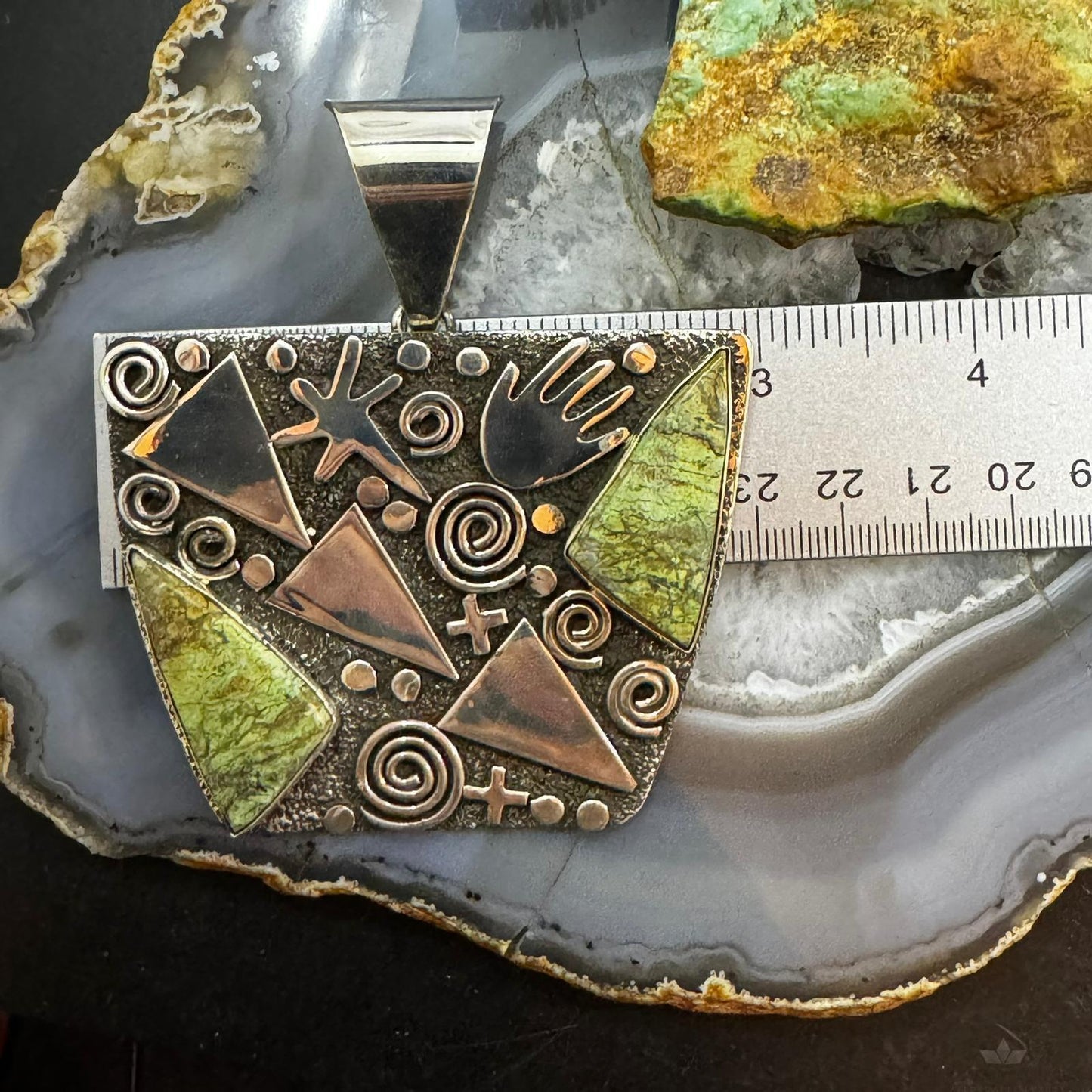 Alex Sanchez Native American Sterling Silver Green Sediment Jasper Rectangle Petroglyph Unisex Pendant