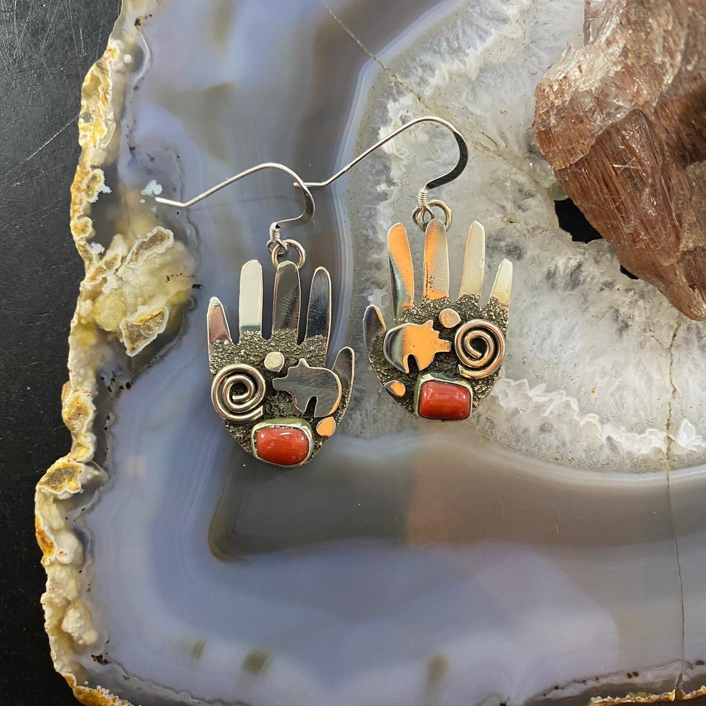 Alex Sanchez Native American Sterling Silver Ancestors Hand Petroglyph W/Coral Dangle Earrings For Women #4
