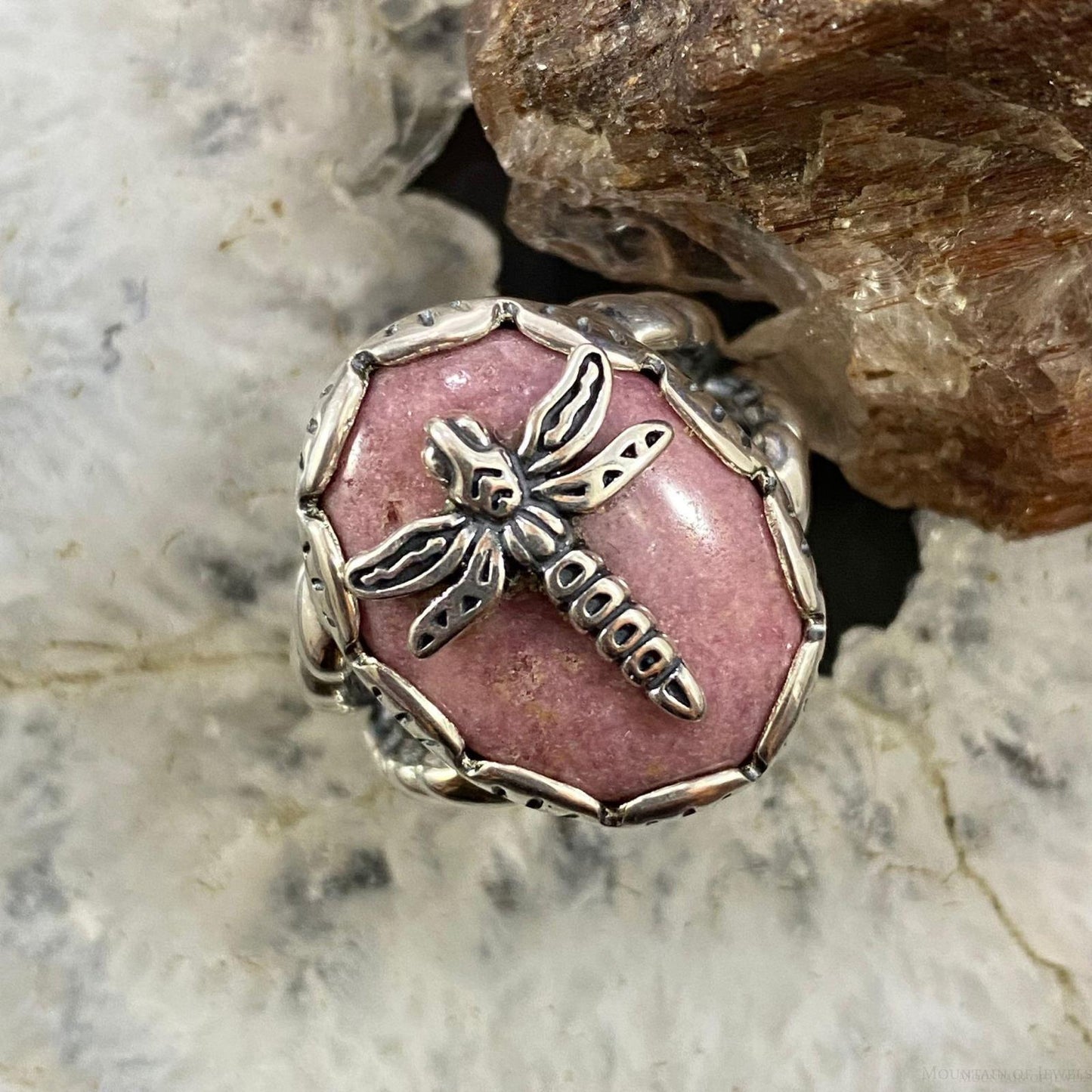 Carolyn Pollack Southwestern Style Sterling Silver Oval Pink Rhodonite Decorated Dragonfly Ring Size 9 For Women