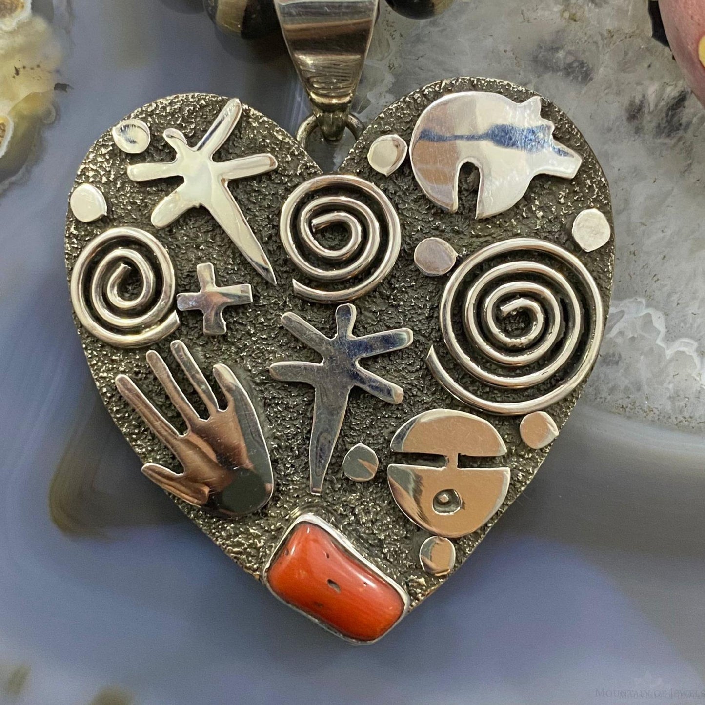 Alex Sanchez Native American Sterling Silver Coral Large Petroglyph Heart Pendant For Women