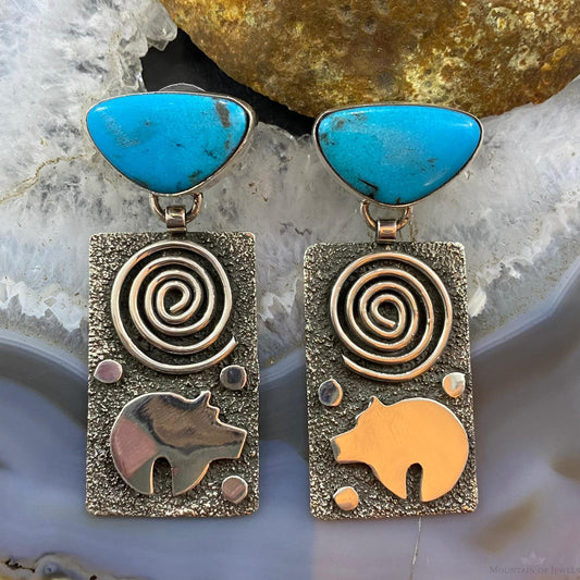 Alex Sanchez Native American Sterling Silver Turquoise Petroglyph Dangle Earrings For Women #1
