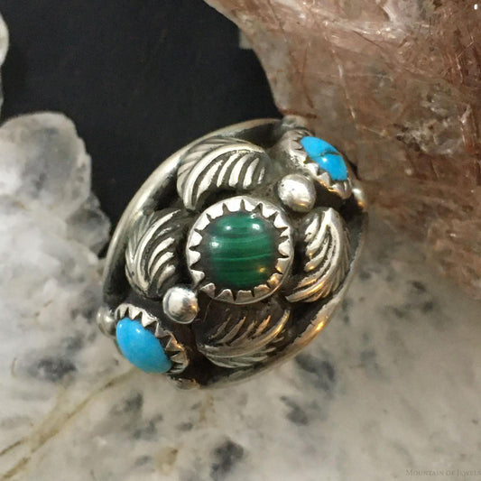 Vintage Native American Sterling Silver Turquoise & Malachite Decorated Ring Size 6.25 For Women