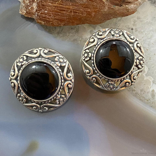 Carolyn Pollack Sterling Silver Round Onyx Decorated Clip-On Earrings For Women