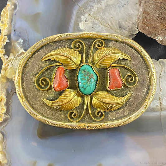Vintage E. King Sterling Silver & Brass Turquoise & Coral Decorated Unisex Belt Buckle