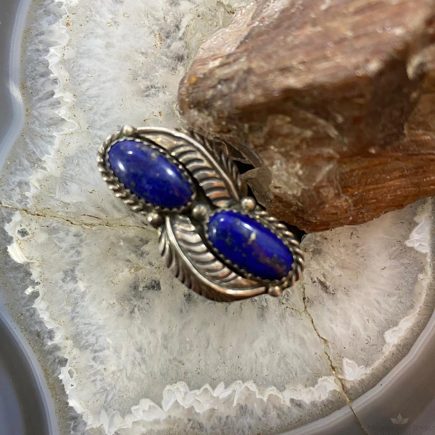 Vintage Native American Sterling Silver 2 Oval Lapis Decorated Ring Size 5.25 For Women