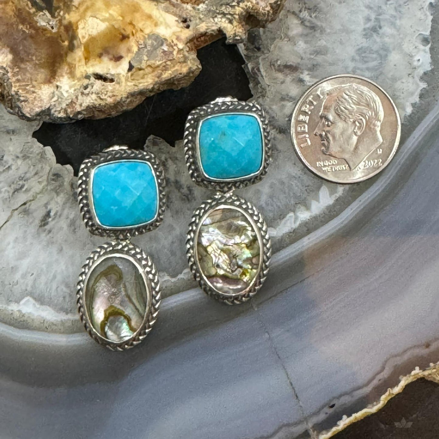 Carolyn Pollack Sterling Silver Square Turquoise & Oval Abalone/Quartz Post Earrings For Women