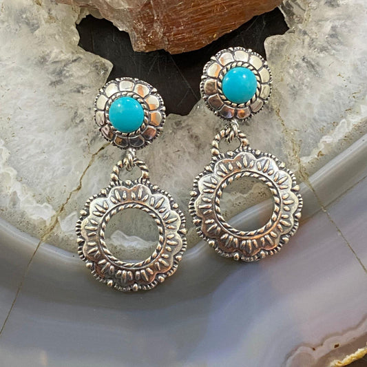 Carolyn Pollack Sterling Silver Round Turquoise Double Flower Dangle Earrings For Women