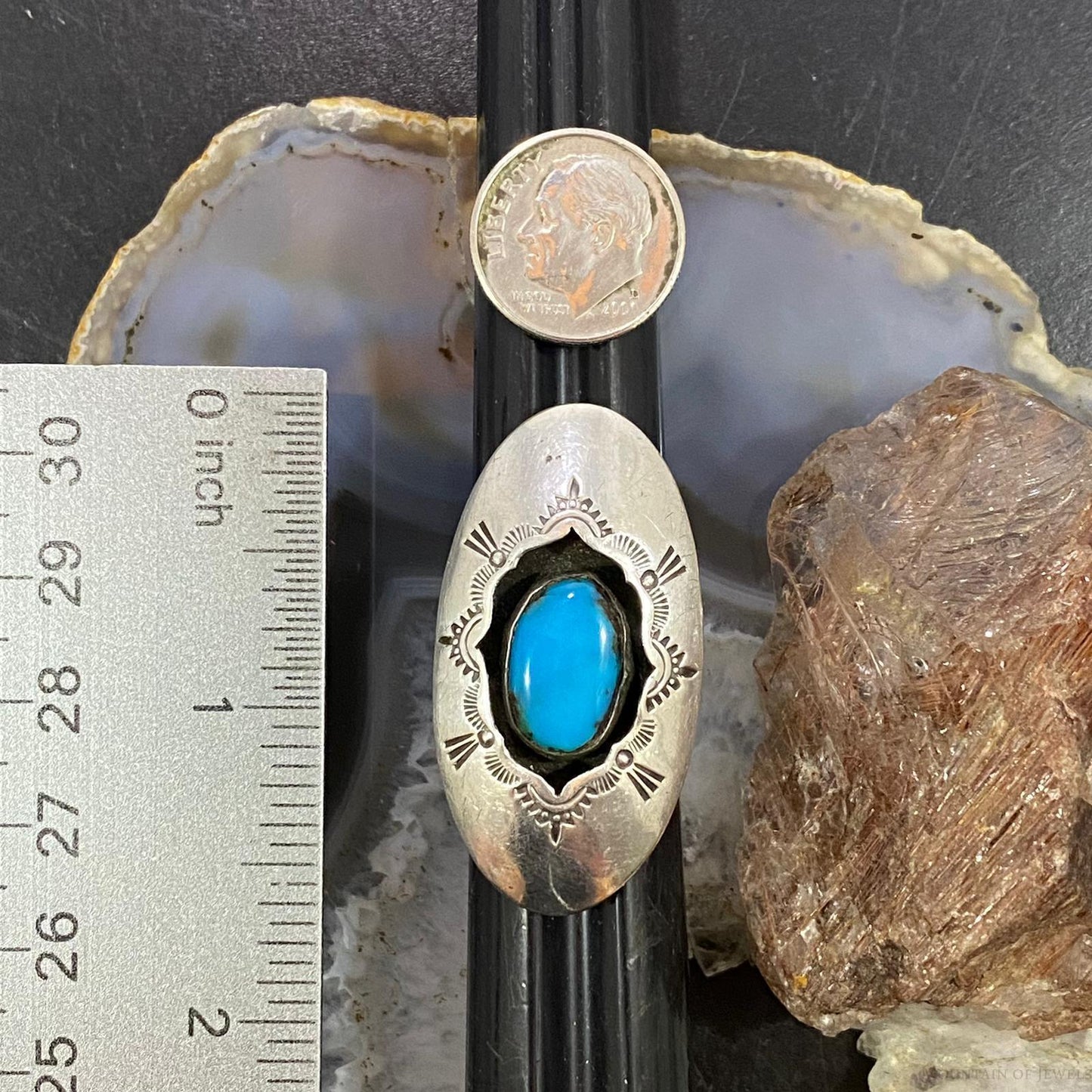 Vintage Native American Silver Oval Turquoise Shadowbox Ring Size 7 For Women