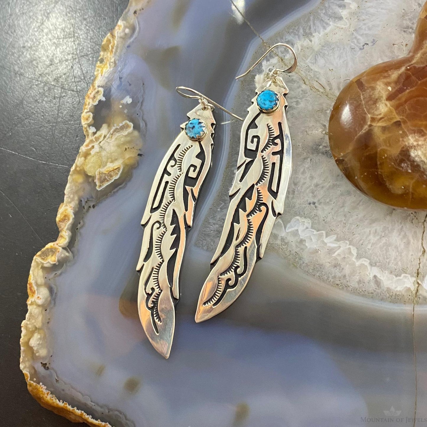 Tommy & Rosita Singer Native American Overlay Feather with Turquoise Sterling Silver Dangle Earrings For Women