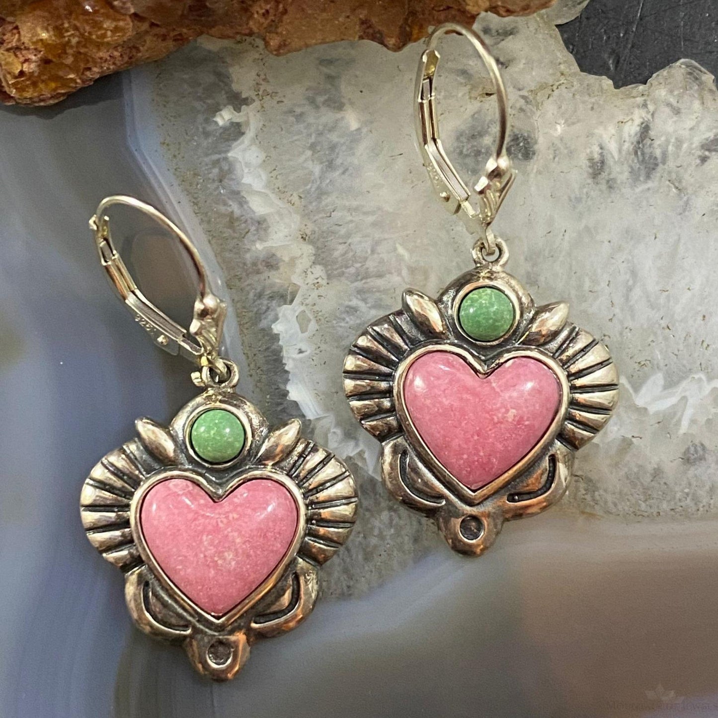 Carolyn Pollack Southwestern Style Sterling Silver Rhodochrosite Heart Dangle Earrings For Women