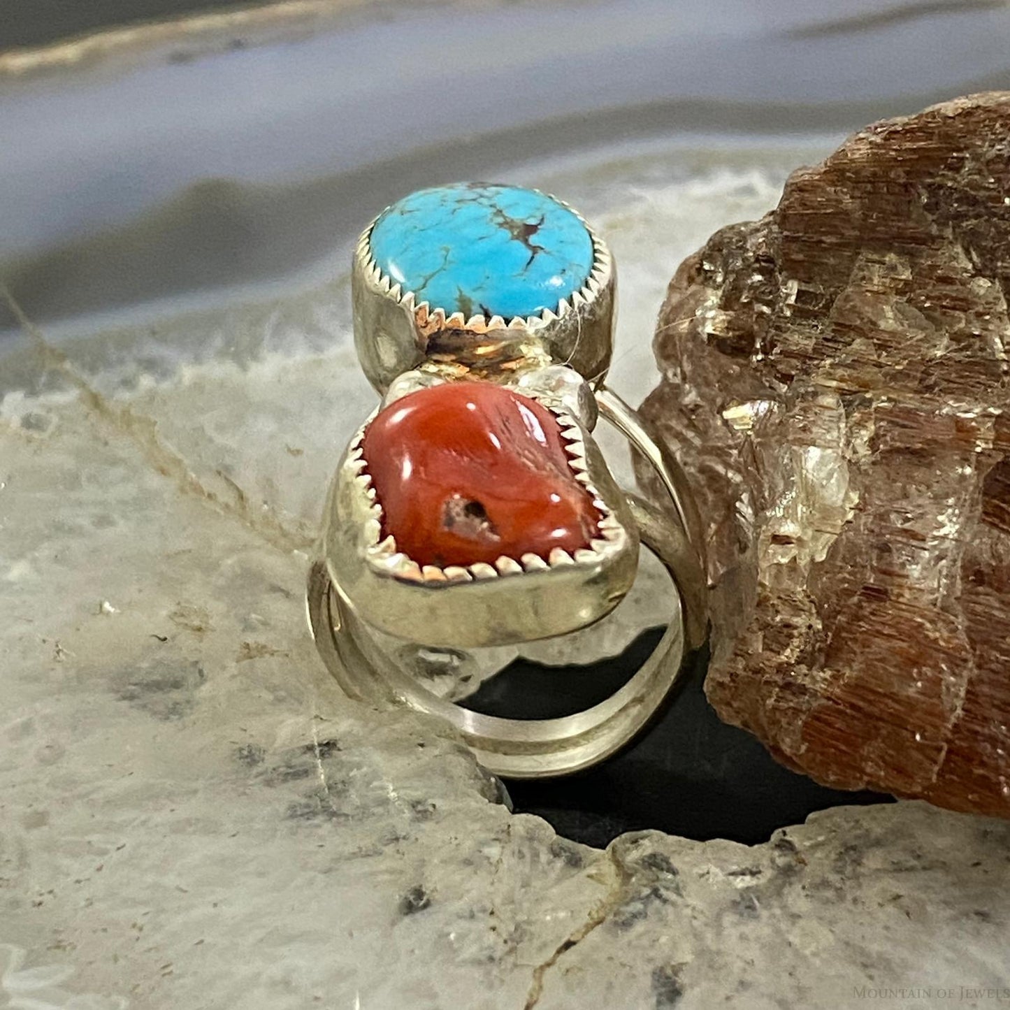 Silver Ray Native American Sterling Silver Elongated Turquoise & Coral Ring Size 5.5 For Women