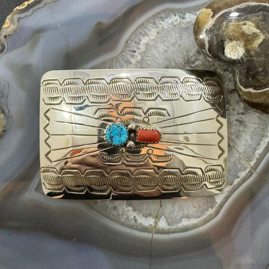 Native American Sterling Silver Turquoise & Coral Stamped Unisex Belt Buckle
