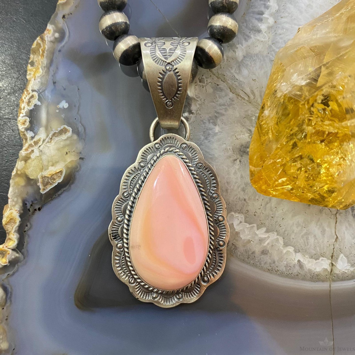 J. Nelson Native American Sterling Silver Large Teardrop Pink Conch Shell Decorated Pendant For Women