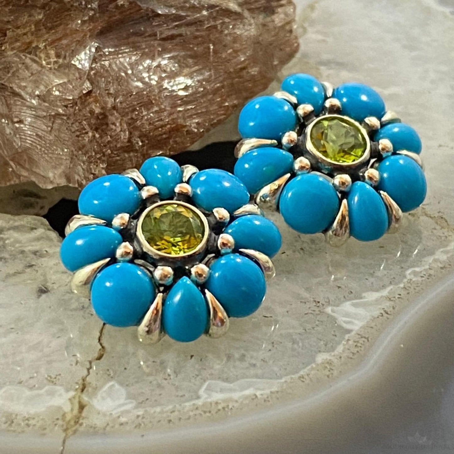 Carolyn Pollack Sterling Silver Turquoise & Faceted Peridot Flower Stud Earrings For Women