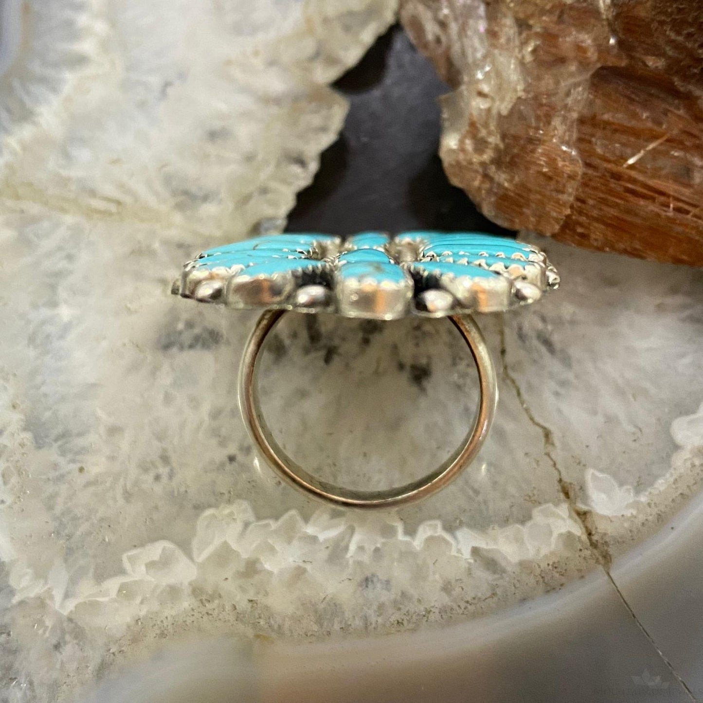 Vintage Native American Sterling Silver Cluster Turquoise Ring Size 7.5 For Women