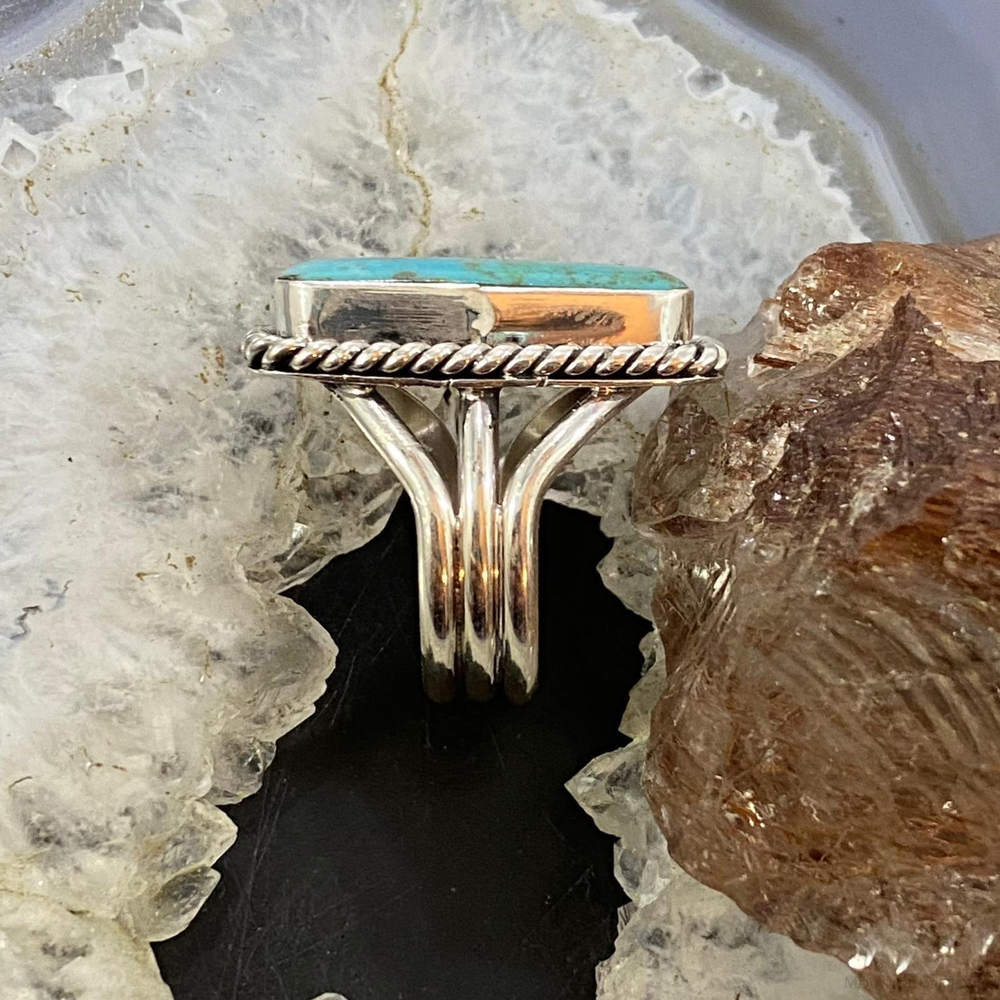 Native American Sterling Silver Rectangle Kingman Turquoise Bar Ring Size 8 For Women