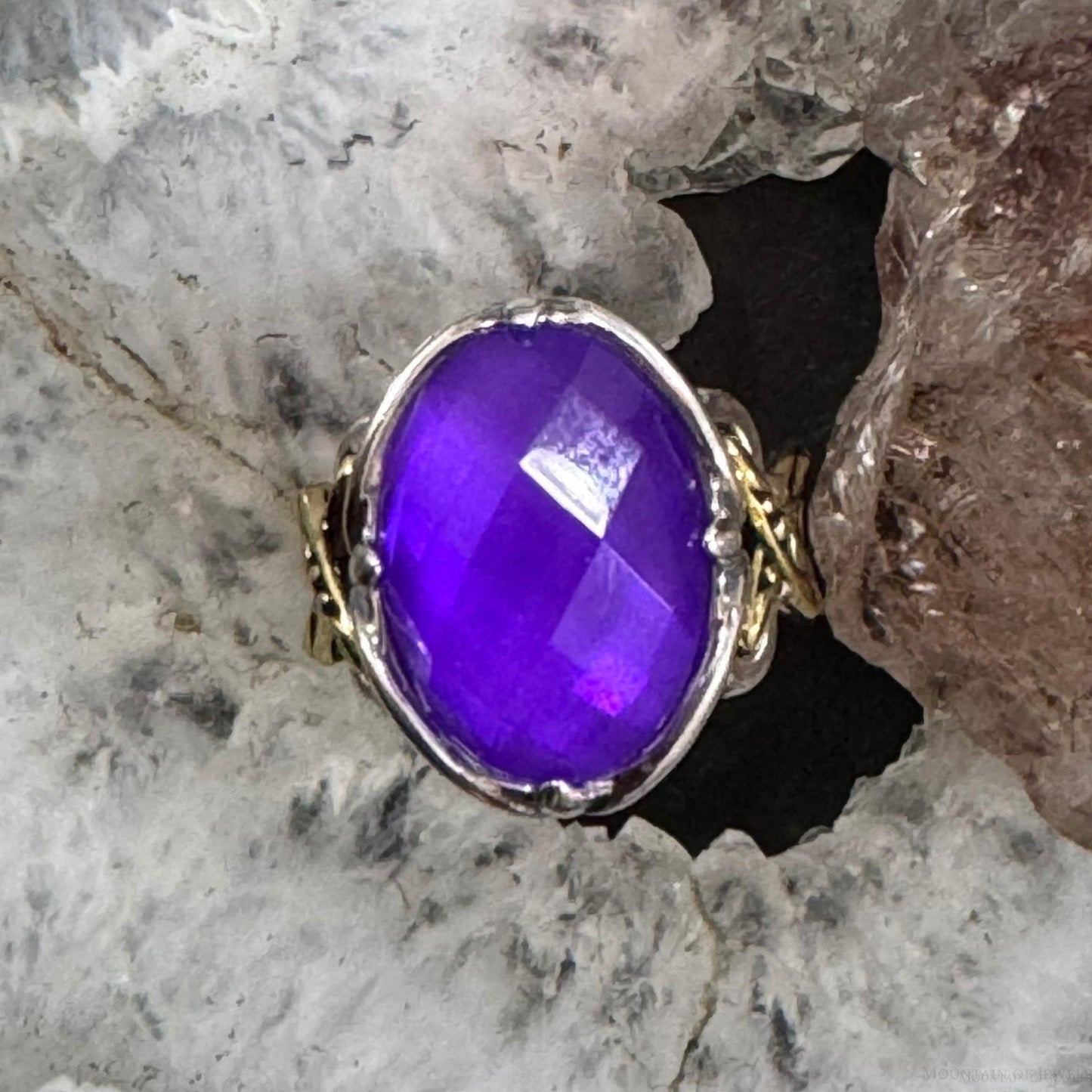 Carolyn Pollack Sterling Silver & Brass Oval Amethyst & Clear Quartz Doublet Ring Size 8