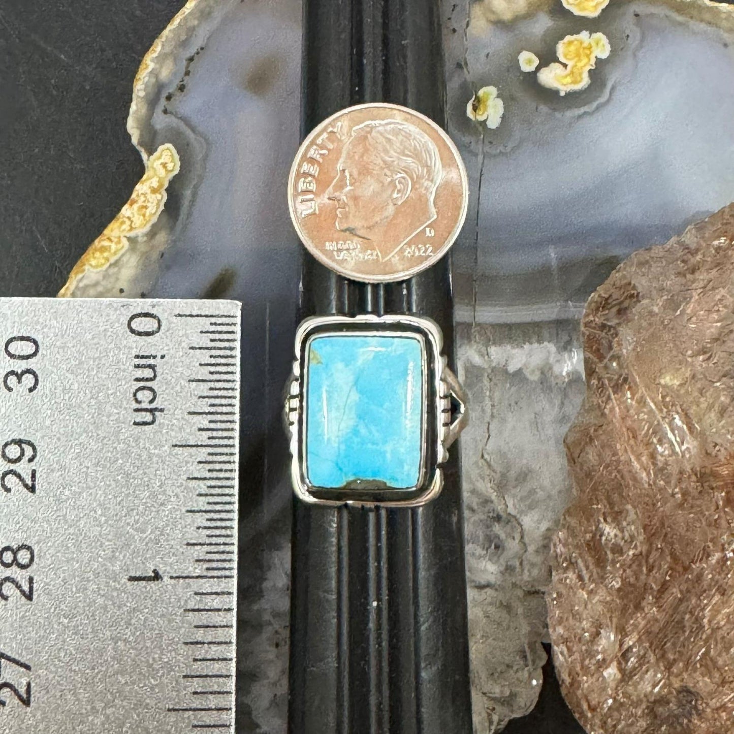 Native American Sterling Silver Rectangle Blue Ridge Turquoise Mini Bar Ring Size 6.5 For Women #3