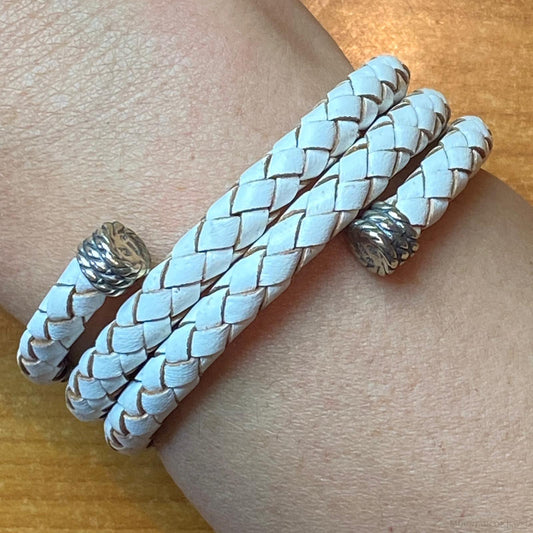 Carolyn Pollack Sterling Silver White Braided Leather Unisex Coil Wrap Bracelet