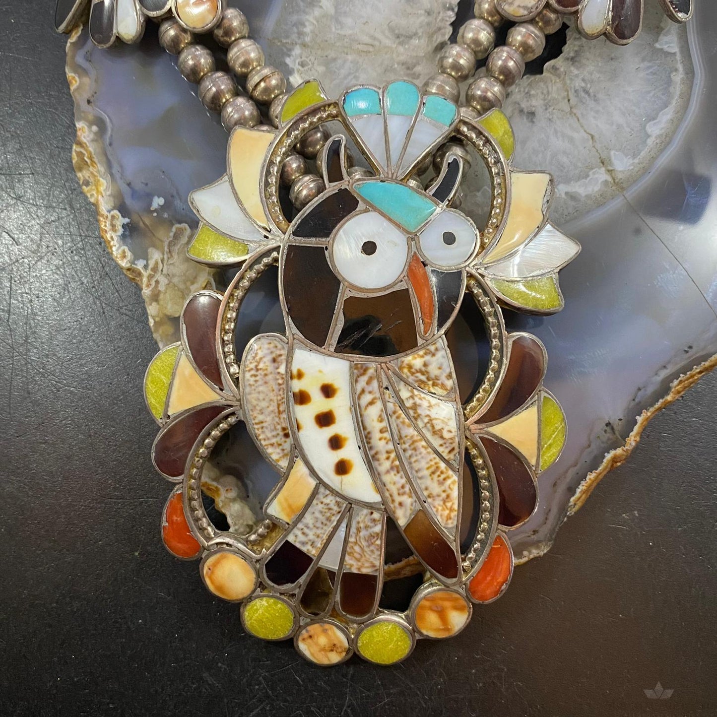 Vintage Native American Silver Bead Multistone Zuni Inlay 5 Owl Necklace
