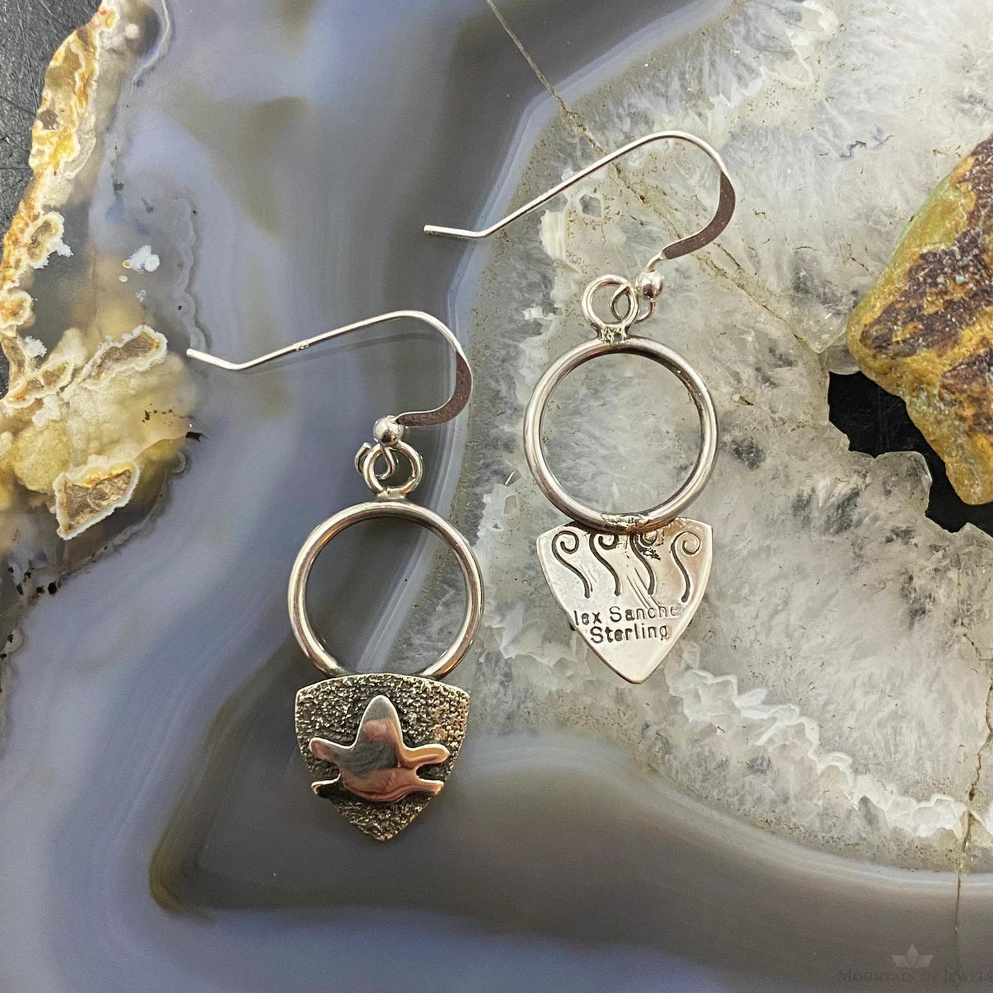 Alex Sanchez Native American Sterling Silver Petroglyph Turtle Dangle Earrings For Women