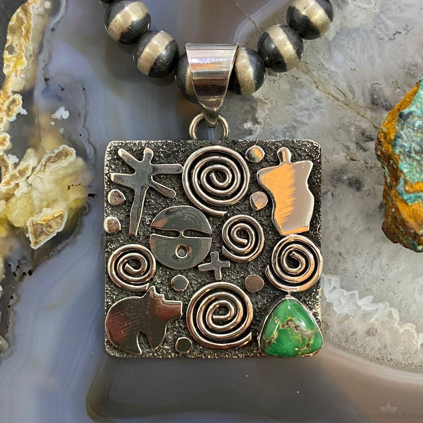 Alex Sanchez Sterling Silver Sonora Gold Turquoise Square Petroglyph Unisex Pendant