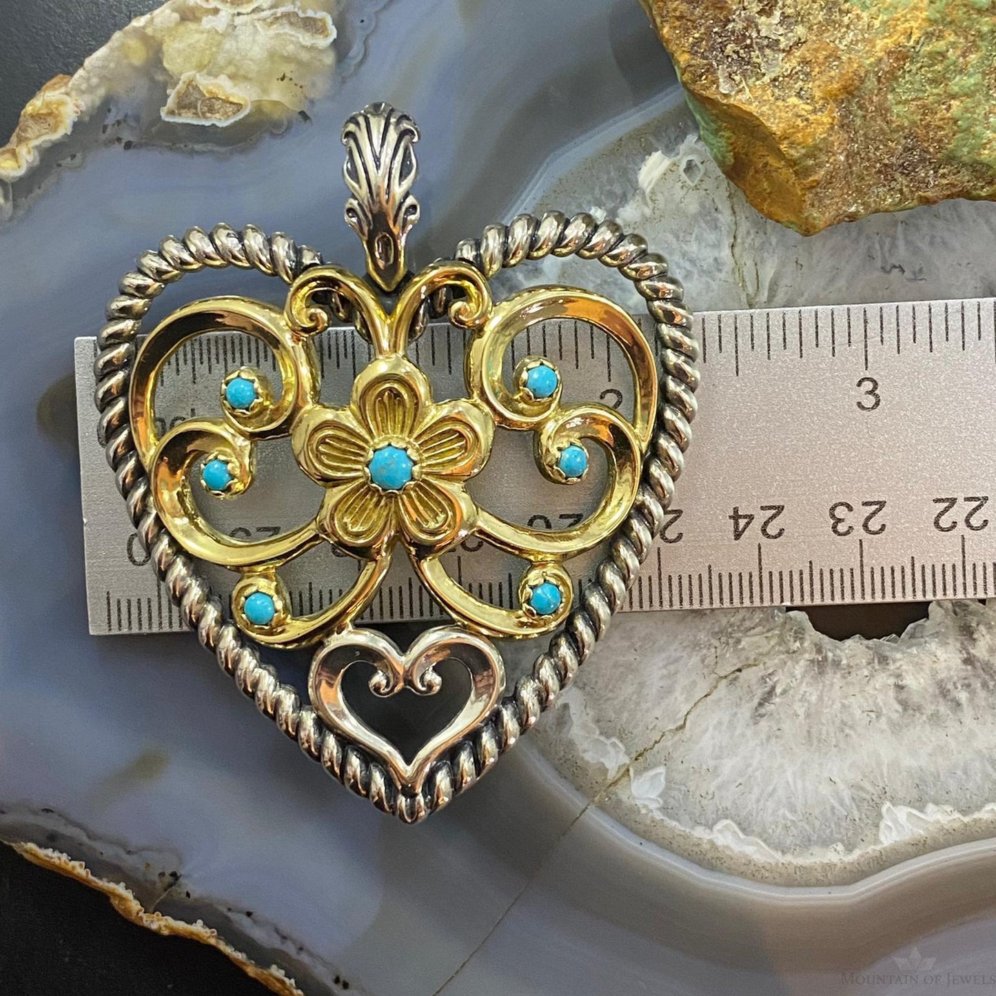 Carolyn Pollack Southwestern Style Sterling Silver & Brass Turquoise Heart Pendant For Women