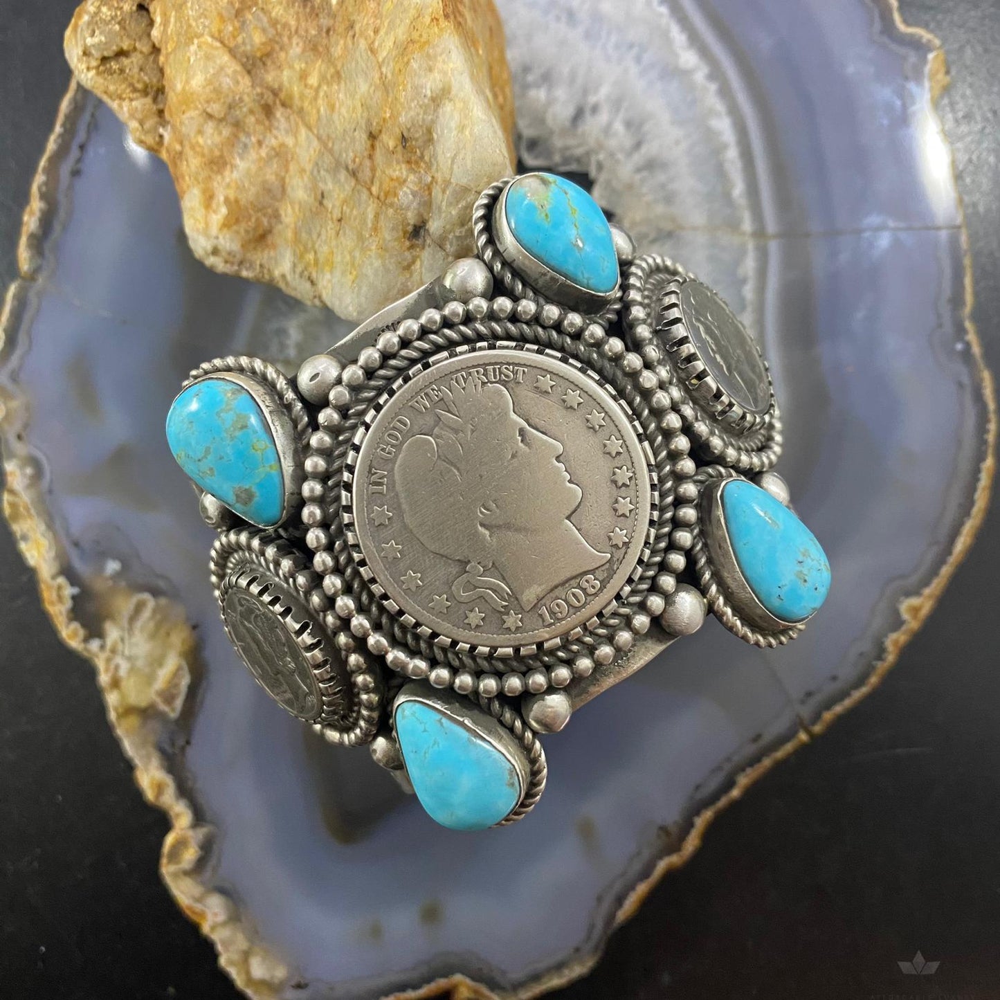 Alex Sanchez Native American Sterling Silver Barber Half Dollar/Mercury Dimes 4 Blue Turquoise Bracelet
