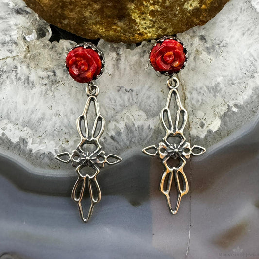 Carolyn Pollack Sterling Silver Red Jasper Carved Rose Dangle Earrings For Women