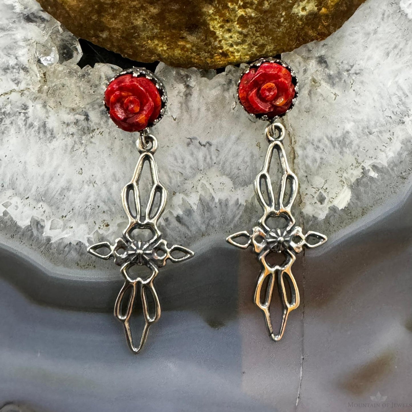 Carolyn Pollack Sterling Silver Red Jasper Carved Rose Dangle Earrings For Women