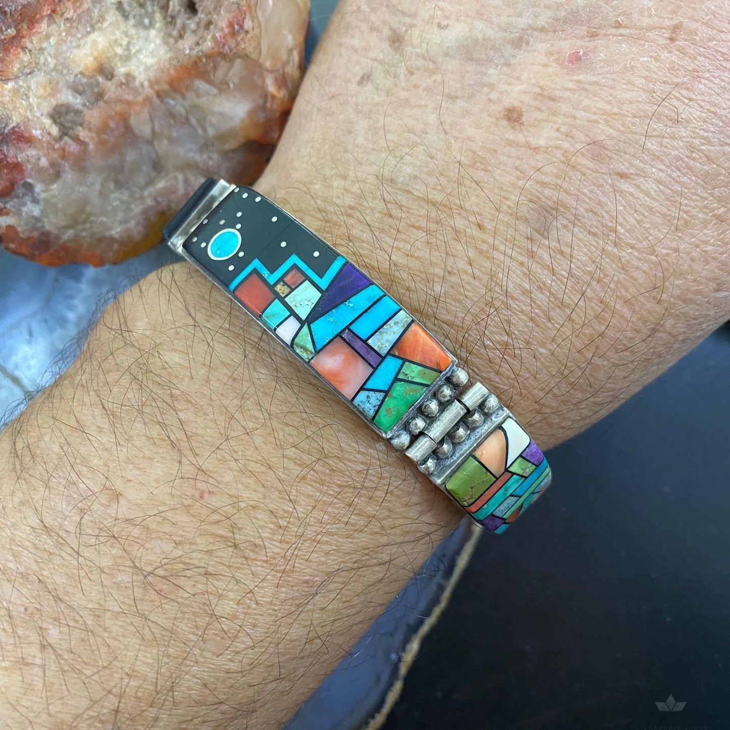 Bryon Yellowhorse Vintage Native American Sterling Inlay Link Bracelet For Men
