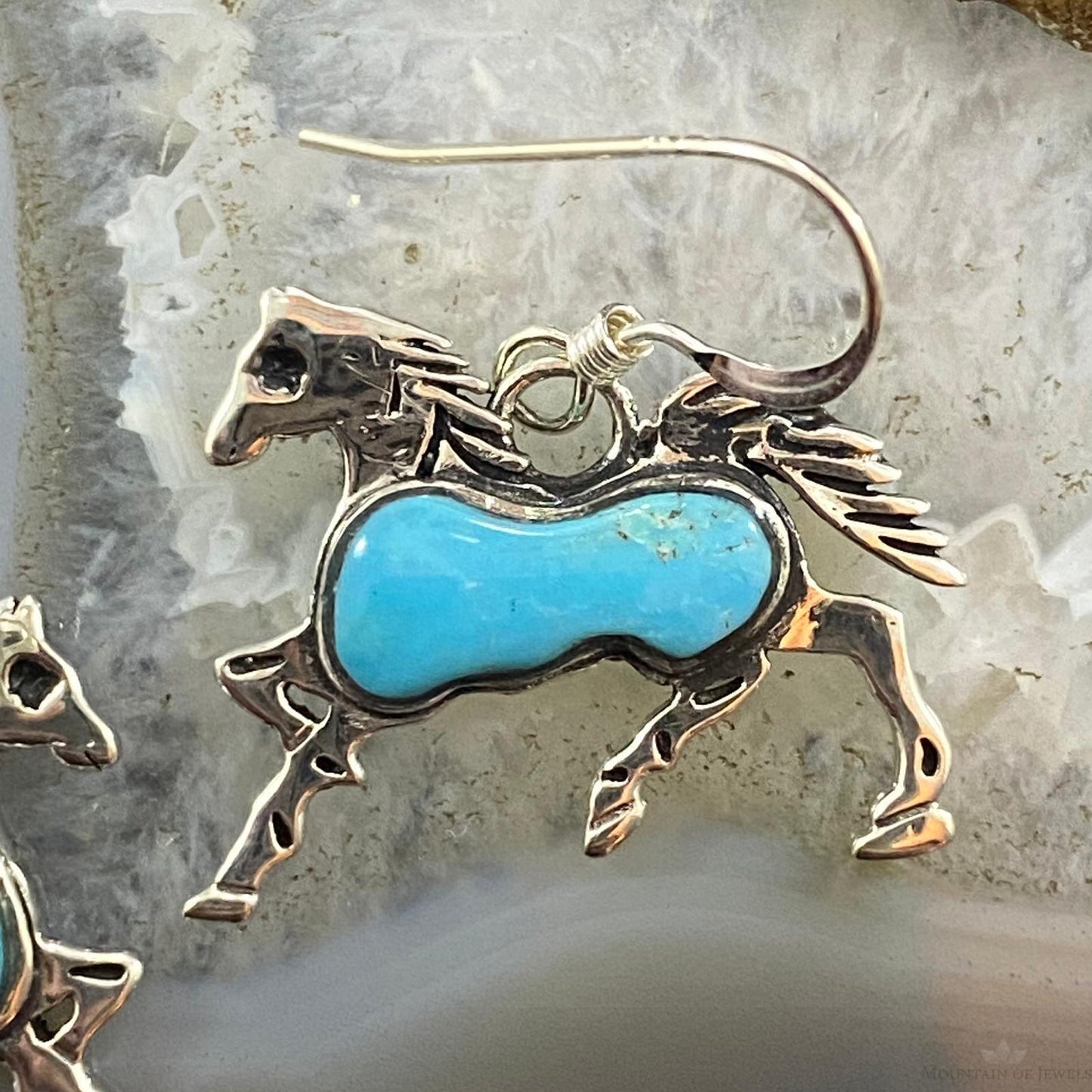 Native American Sterling Silver Blue Turquoise Horse Dangle Earrings For Women