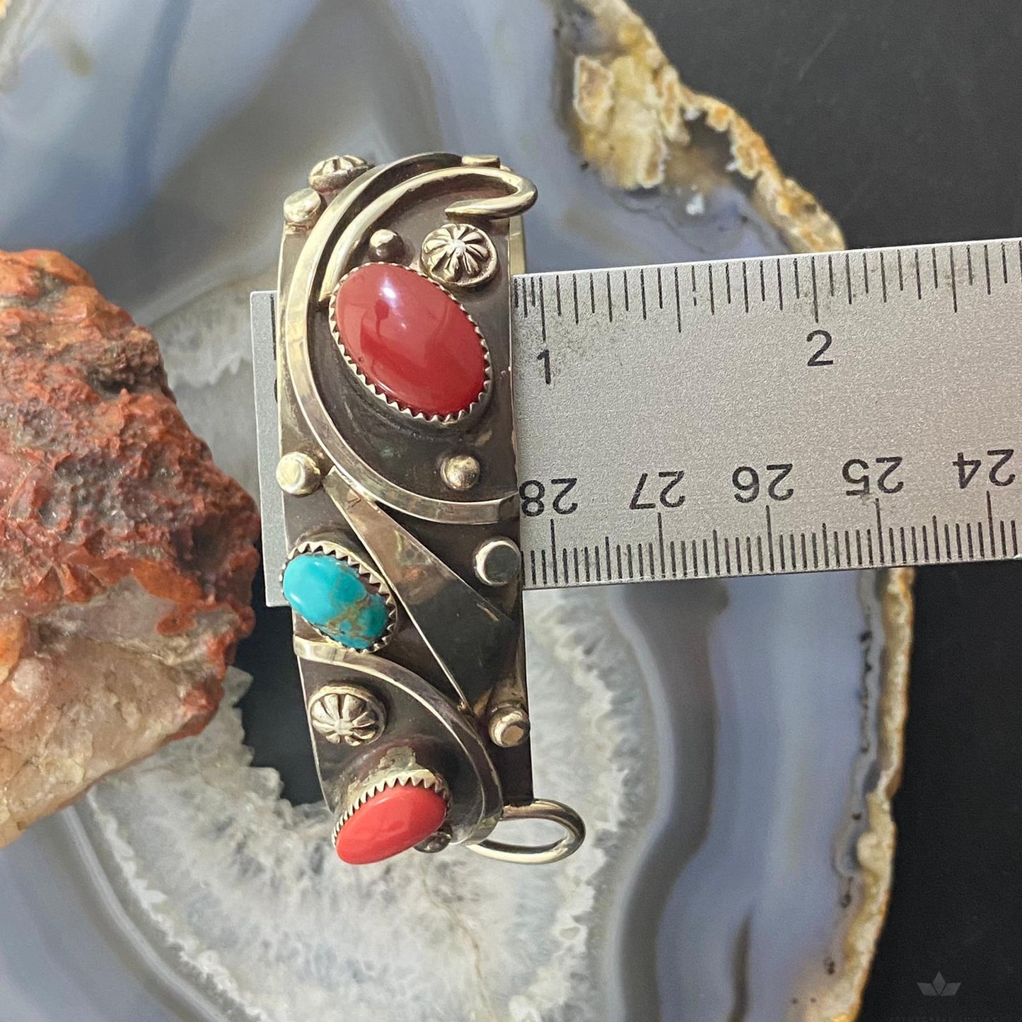 Delbert Secatero Apple Coral, Turquoise & Coral Sterling Silver Tapered Cuff