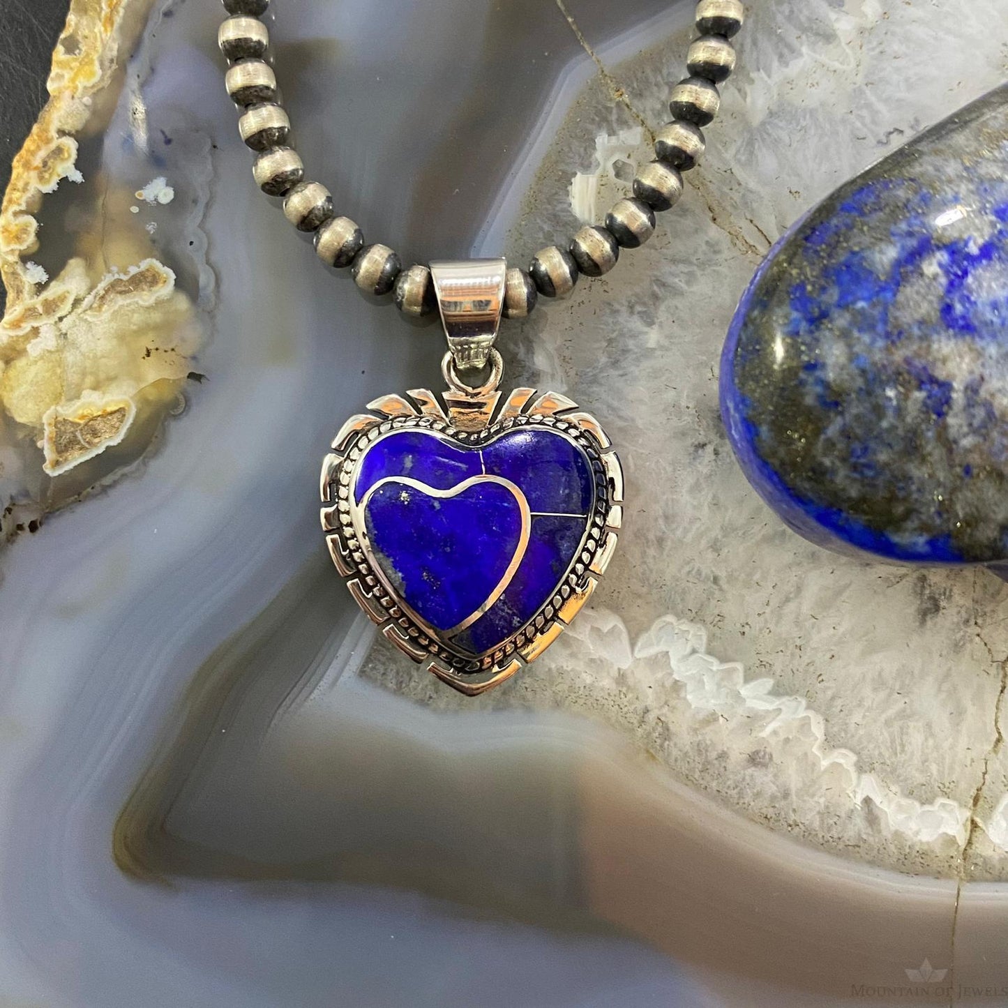 Native American Sterling Silver Double Heart Lapis Lazuli Pendant For Women