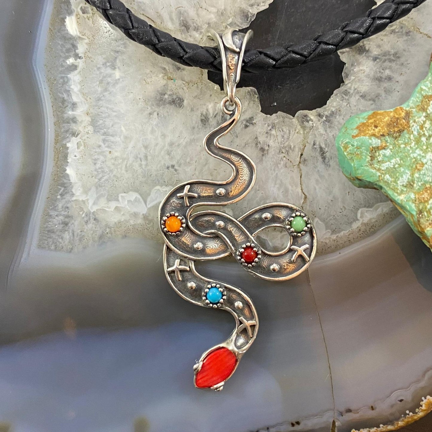 Carolyn Pollack Southwestern Style Sterling Silver Multistone Etched Snake Pendant  For Women