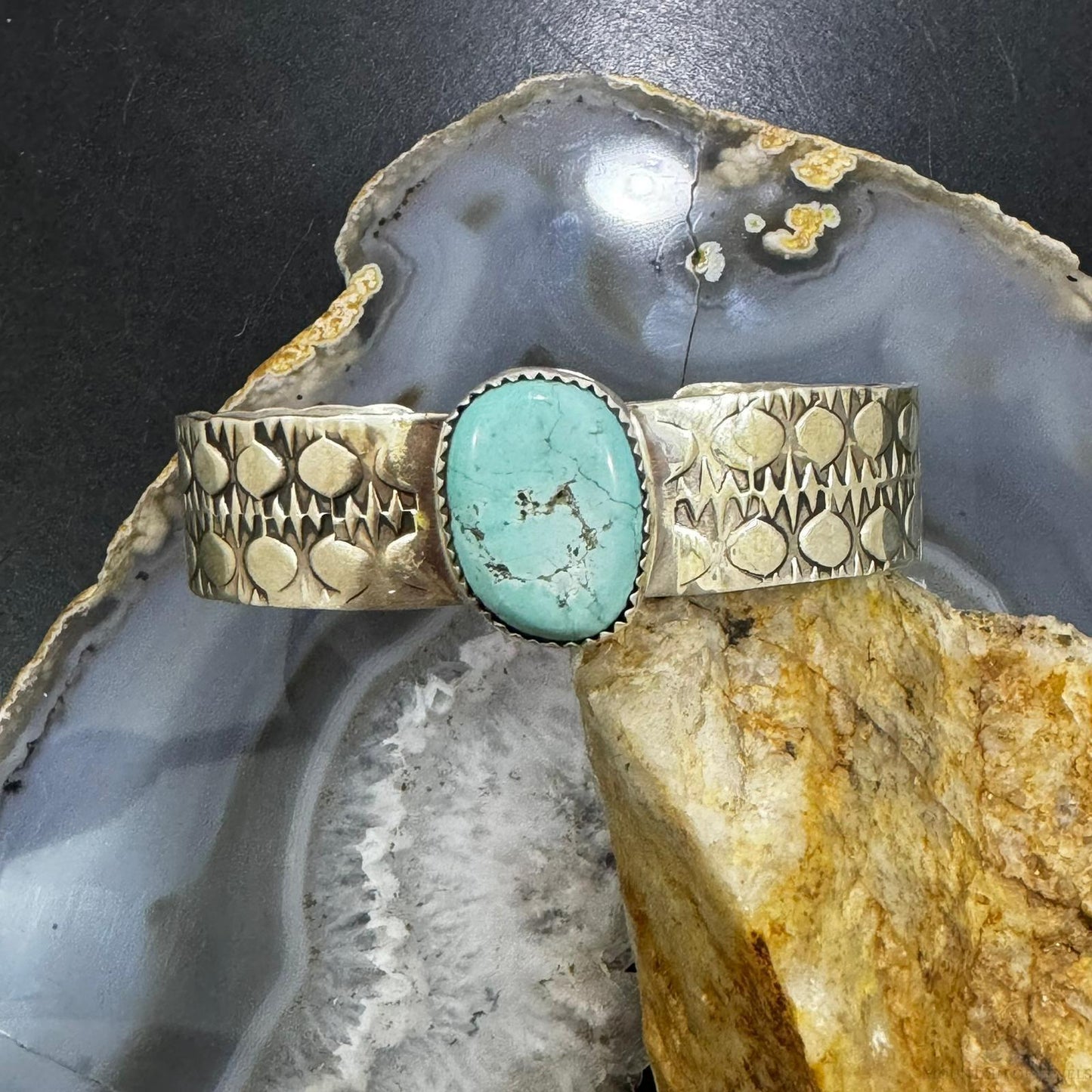 Anthony Lujan Taos Pueblo Sterling Engraved Oval Turquoise Bracelet For Women