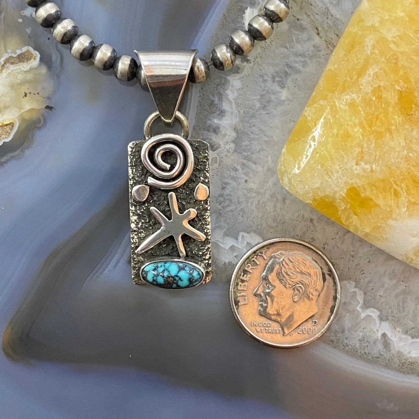 Alex Sanchez Native American Sterling Silver Petroglyph Turquoise Dainty Pendant #6