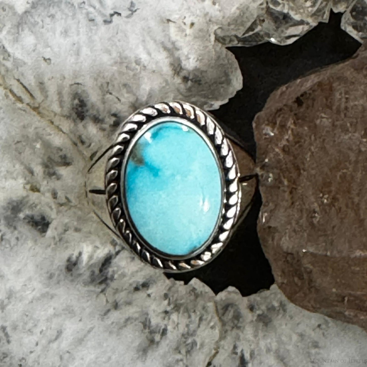 Native American Sterling Silver Oval Blue Ridge Turquoise Shield Ring Size 8.75 For Women