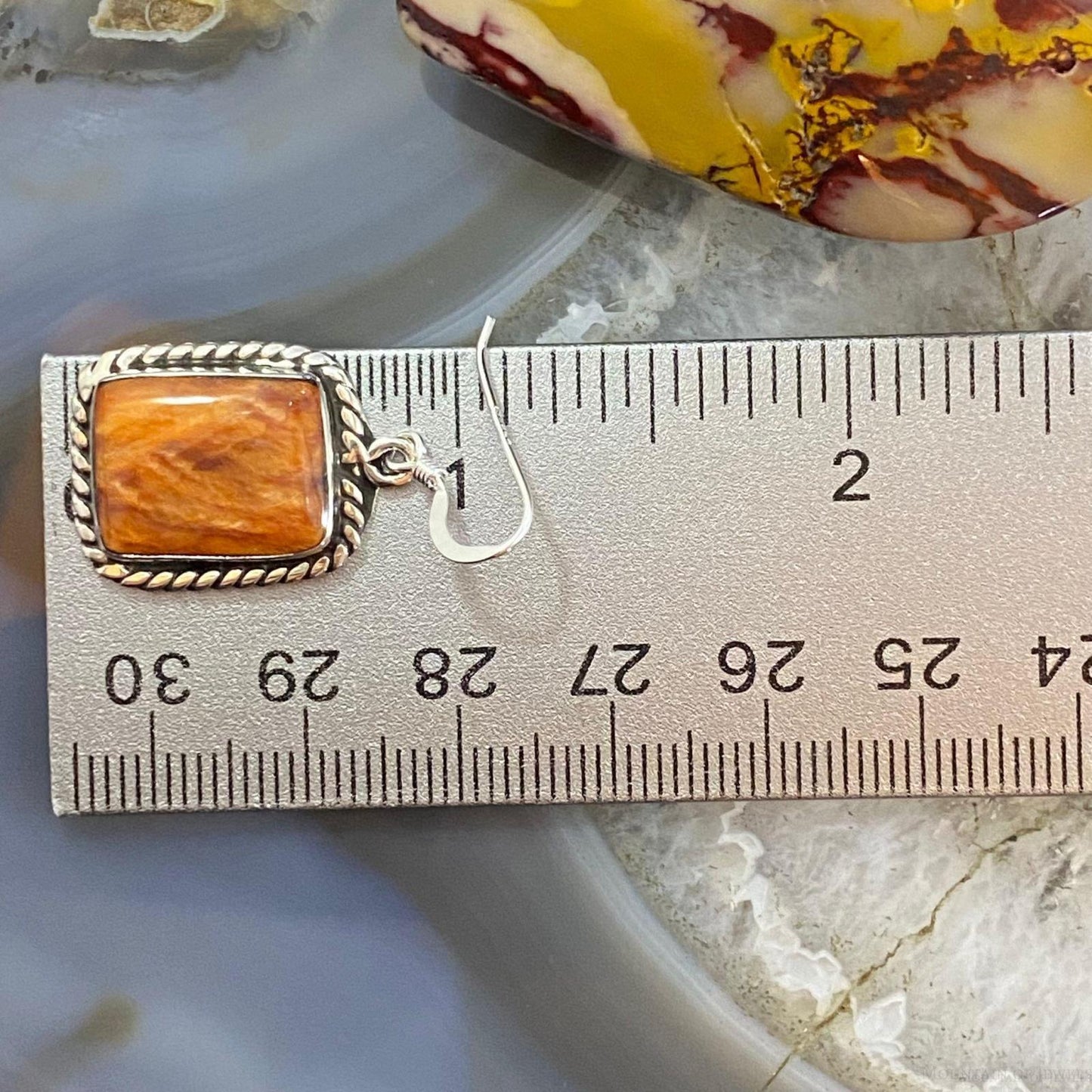 Native American Sterling Silver Square Orange Spiny Oyster Dangle Earrings For Women