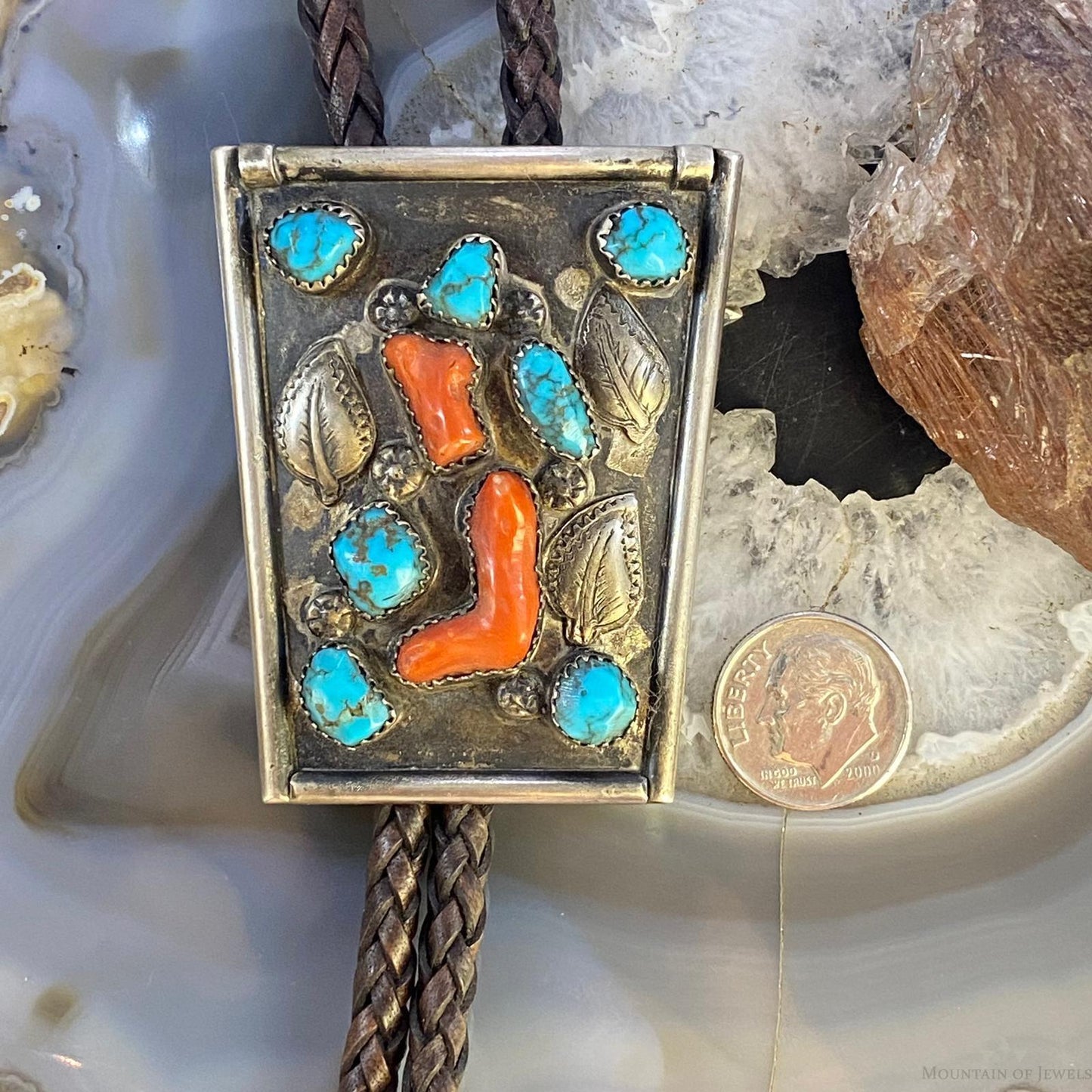 Antique Native American Silver 6 Kingman Turquoise & 2 Coral Bolo Tie For Men