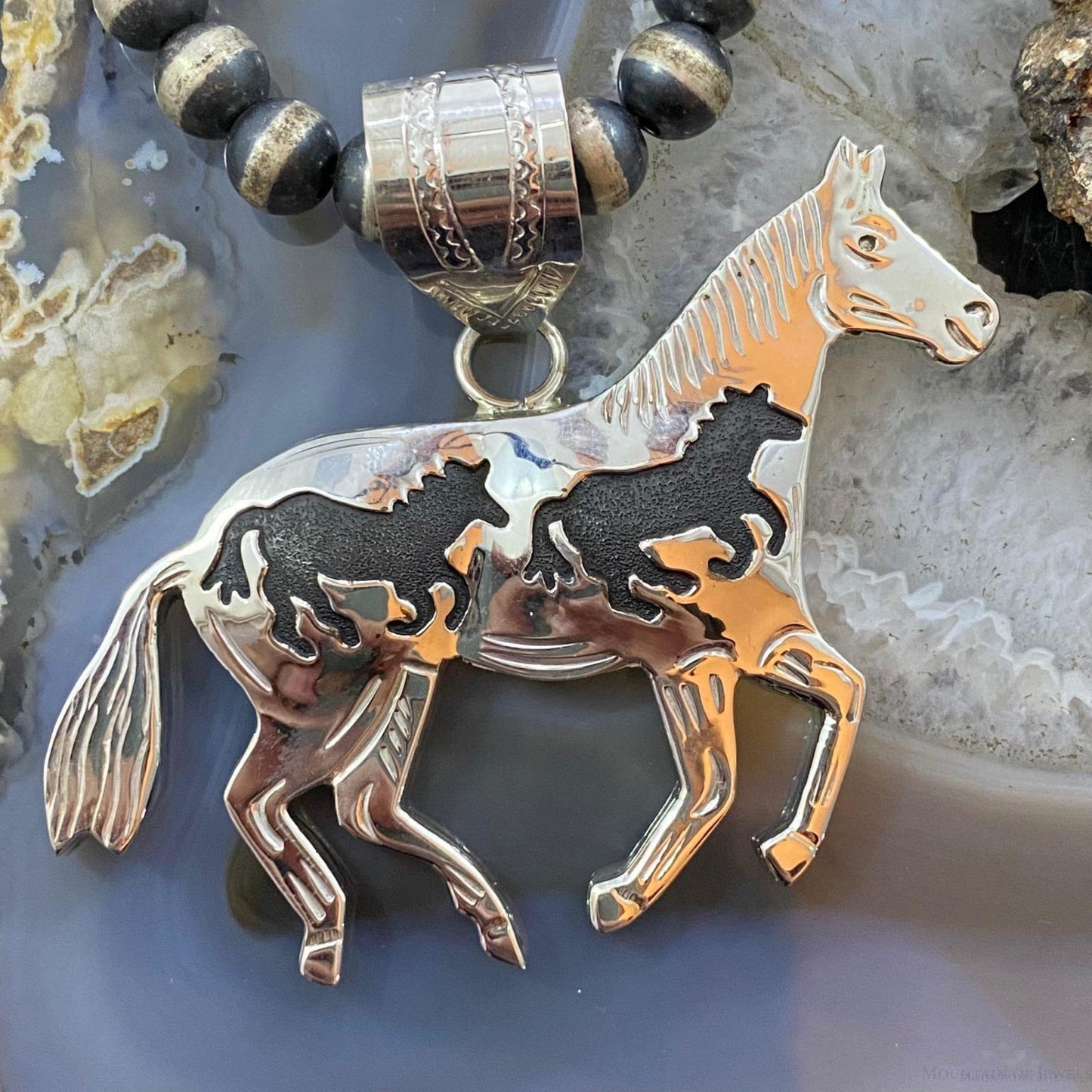 Alonzo Mariano Native American Sterling Silver Overlay Galloping Horse Unisex Pendant