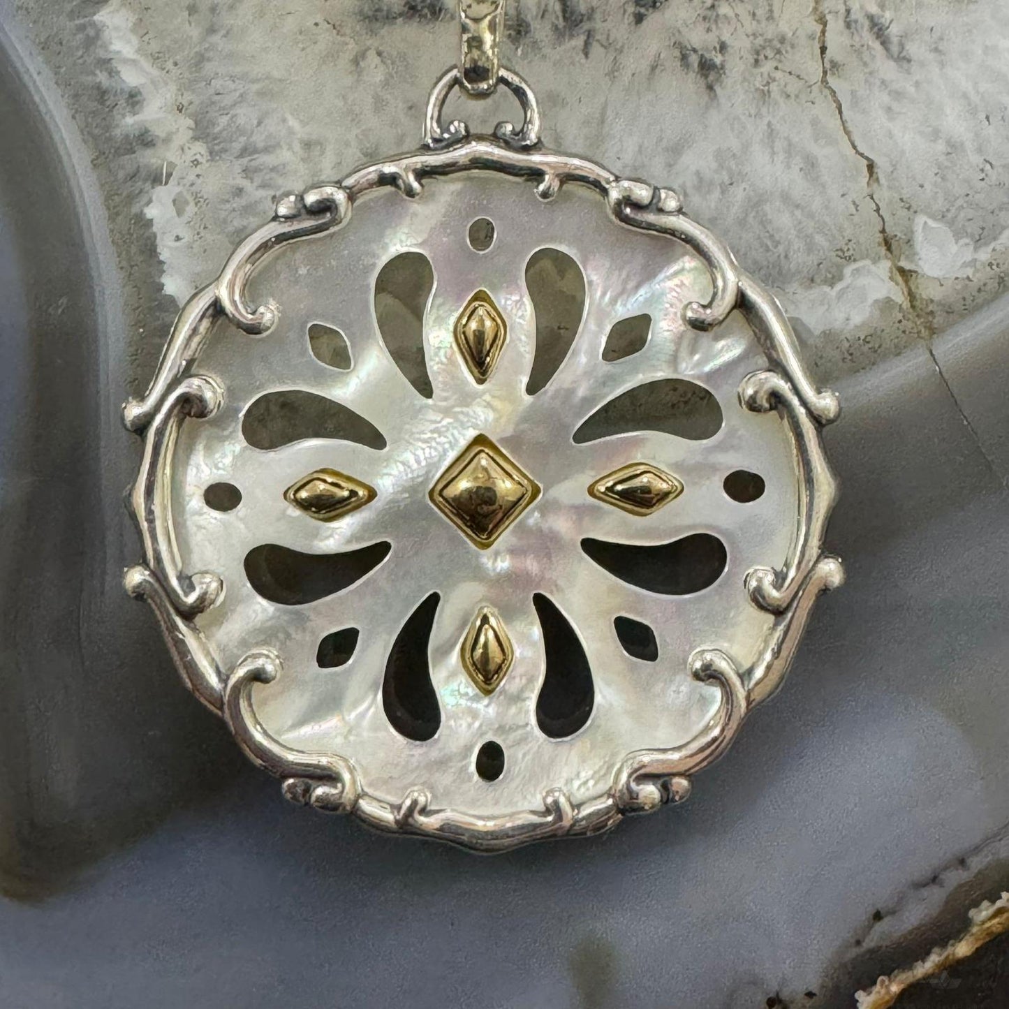 Carolyn Pollack Sterling Silver & Brass Mother of Pearl Floral Cutout Enhancer Pendant For Women