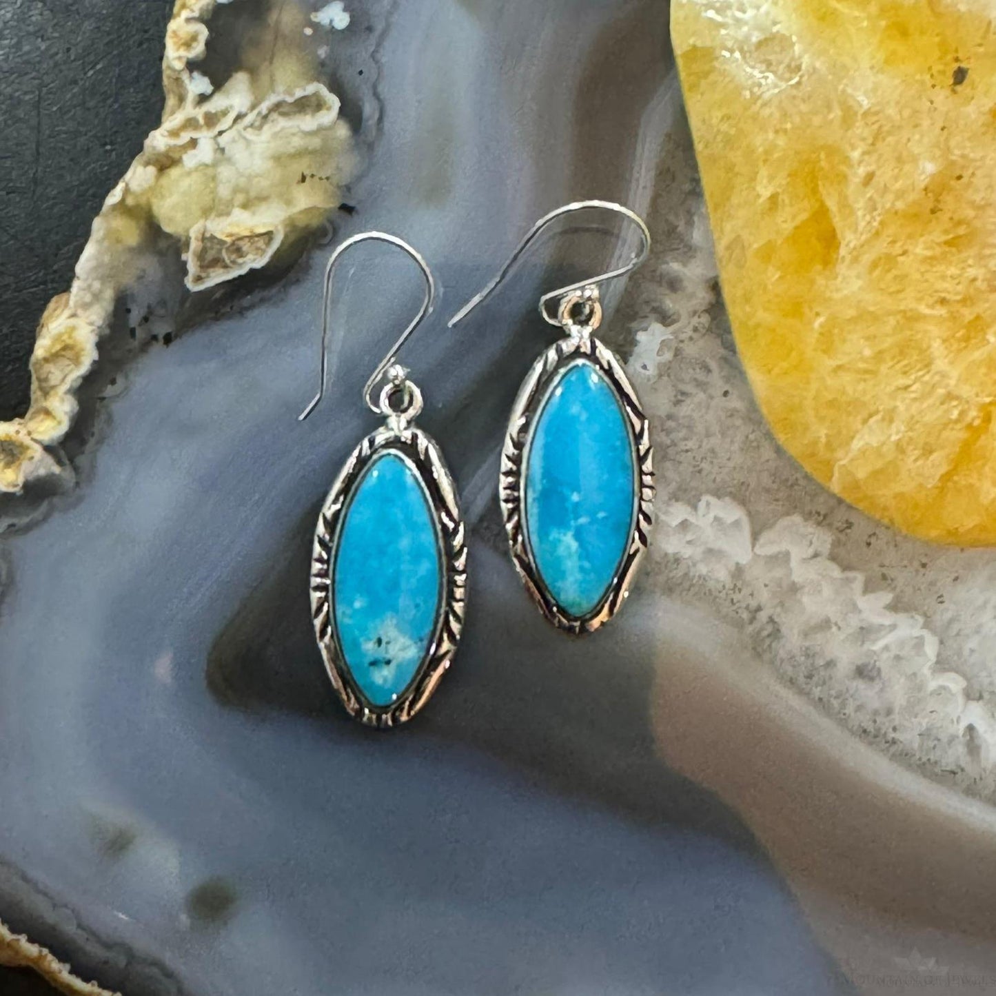 Native American Sterling Silver Marquise Kingman Turquoise Dangle Earrings For Women #1