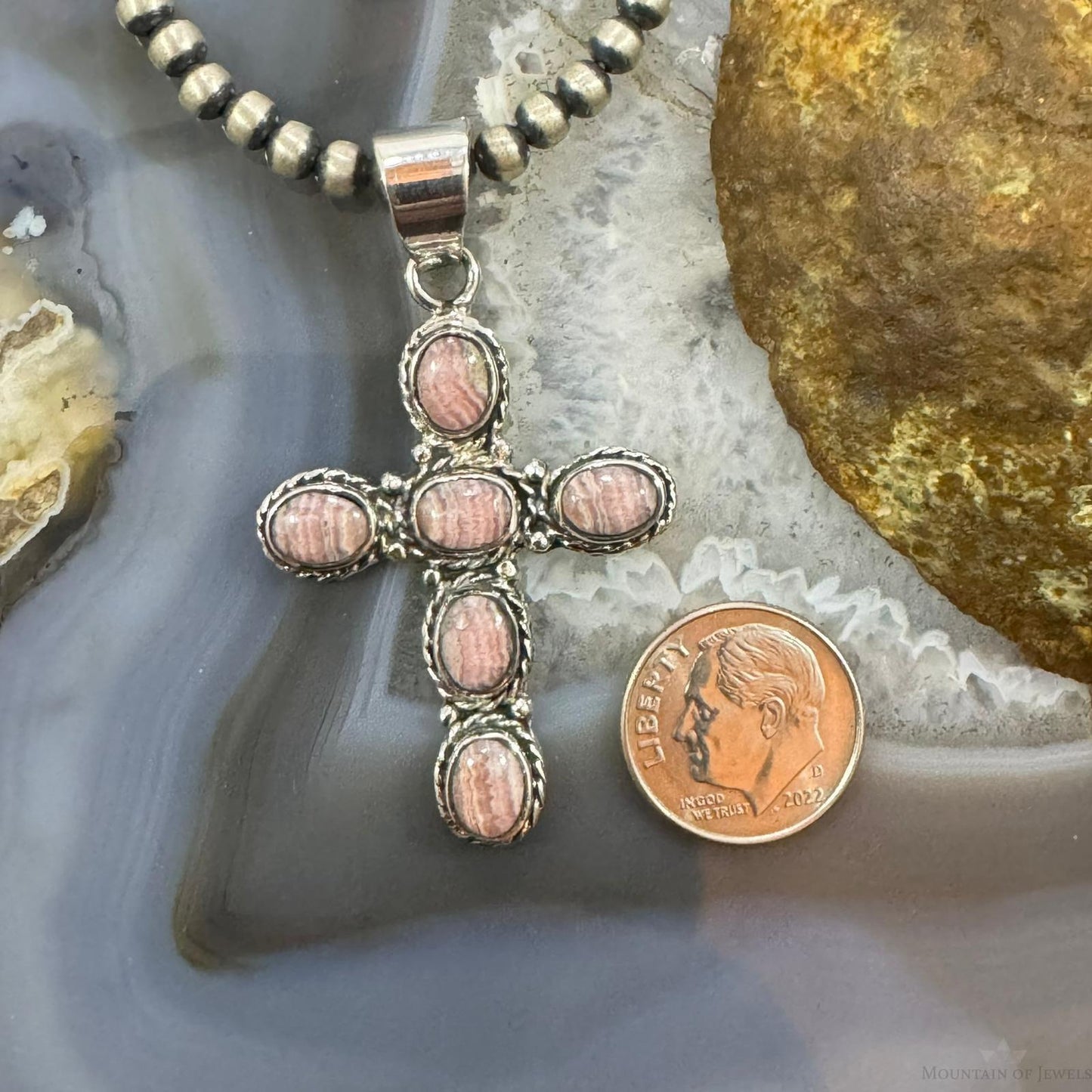 Native American Sterling Silver Rhodochrosite Decorated Cross Pendant For Women