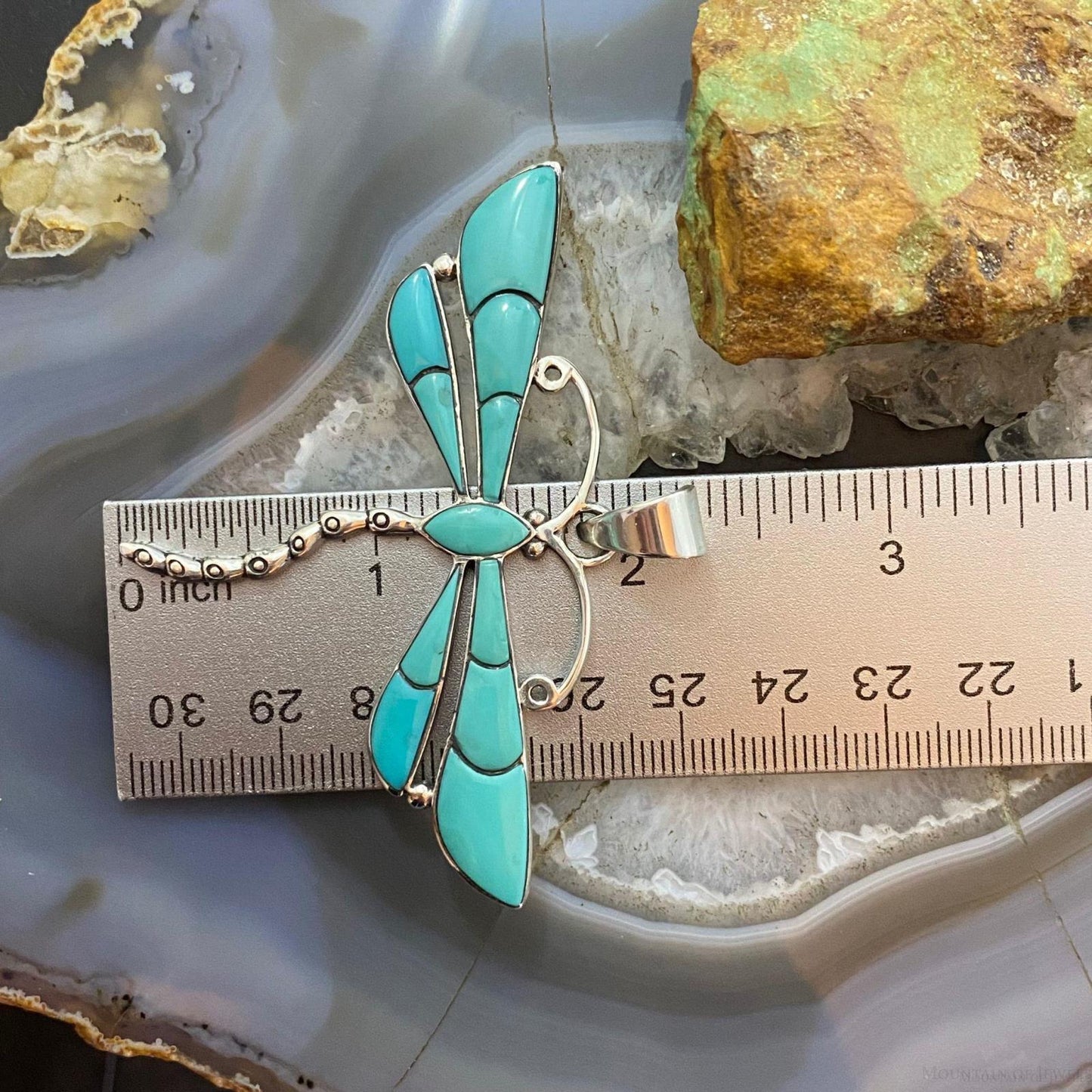 Native American Sterling Silver Kingman Turquoise Inlay Large Dragonfly Pendant